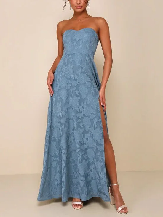 Evening Gown Strapless Slim Graceful Fit Slit Maxi Dress Preppy Women's College