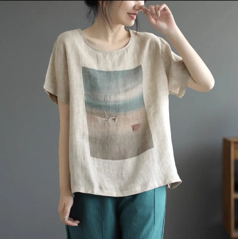 Women Summer Loose Casual Retro Linen T-Shirt Sporty Women's Athleisure 
