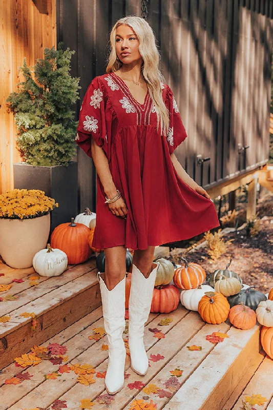Tucson Sunsets Embroidered Mini Dress in Dark Scarlet Youthful Women's Anime - inspired