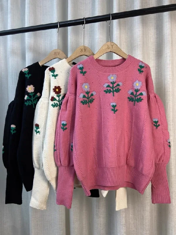 Temperament flower sweater, vintage, jacquard lantern sleeve jumper, fall outerwear top  1409 French