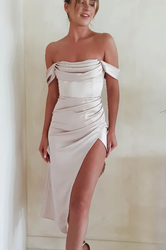 Aby Soft Satin Midi Dress | Champagne Stylish Women's Neon
