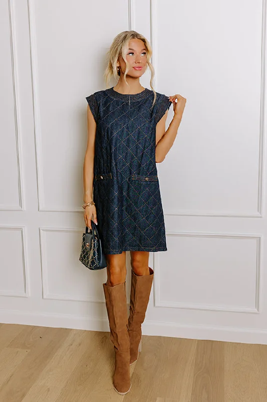 Metropolitan Muse Denim Mini Dress in Dark Wash Artistic Women's Hand - painted
