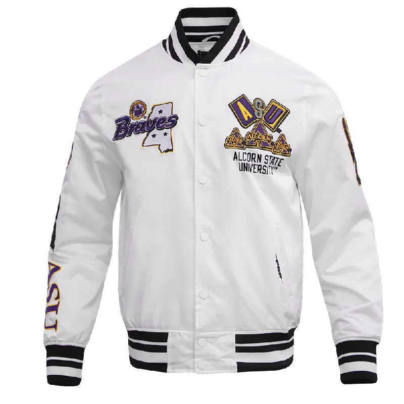 NCAA ALCORN STATE UNIVERSITY HOMECOMING RIB MEN'S SATIN JACKET (WHITE/BLACK) performance