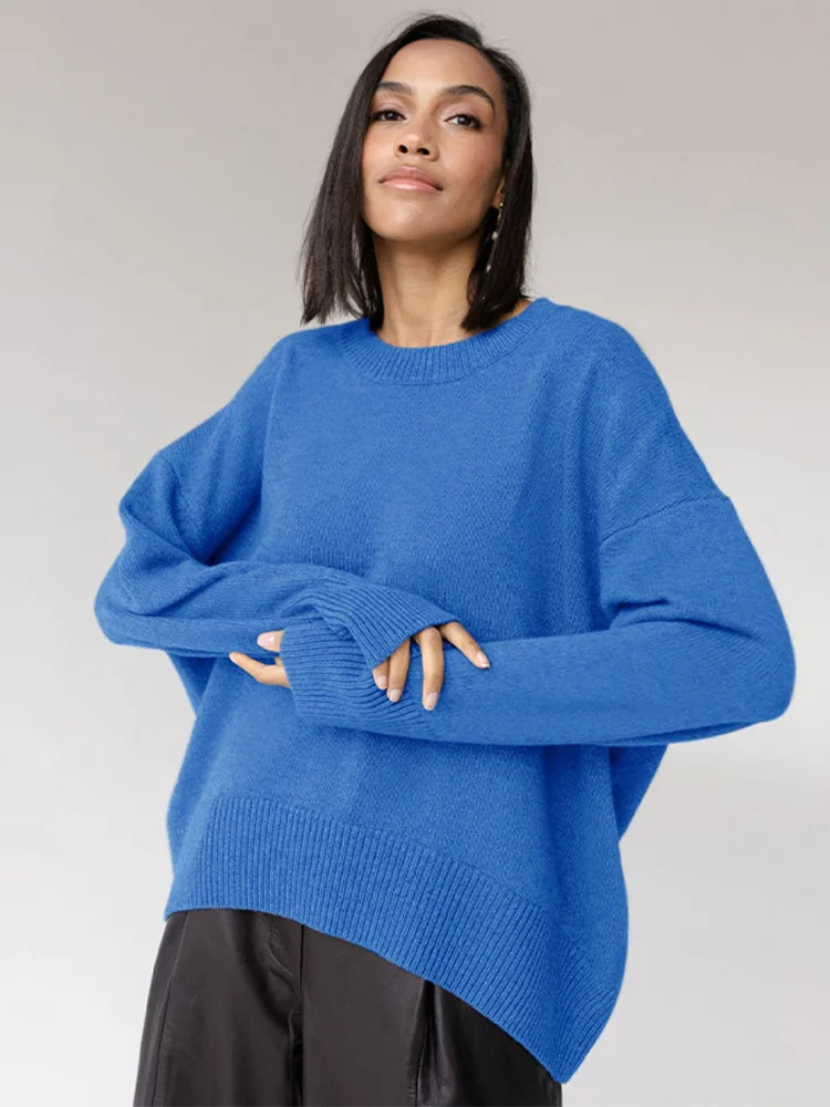 Elegant Solid Round Neck Pullover Women Casual Long Sleeve Loose Soft Warm Sweater Cozy Women's Sherpa - lined Elegant Solid Round Neck Pullover Women Casual Long Sleeve Loose Soft Warm Sweater Cozy Women's Sherpa - lined