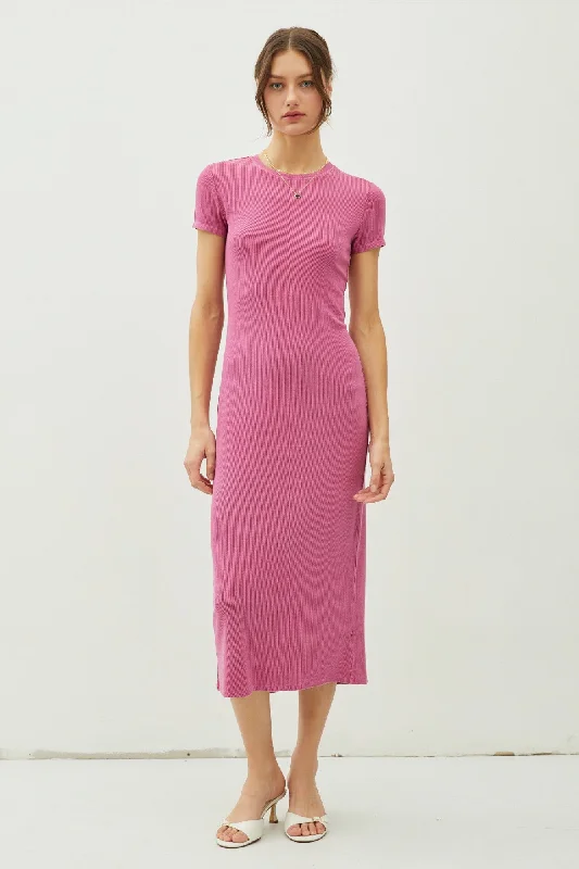 Magenta Rib Knit Back Slit Dress Sleek Women's Metallic