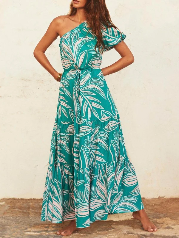Palm Leaf Print Off-Shoulder Graceful Holiday Style Floral Dress Bold Women's Animal Print
