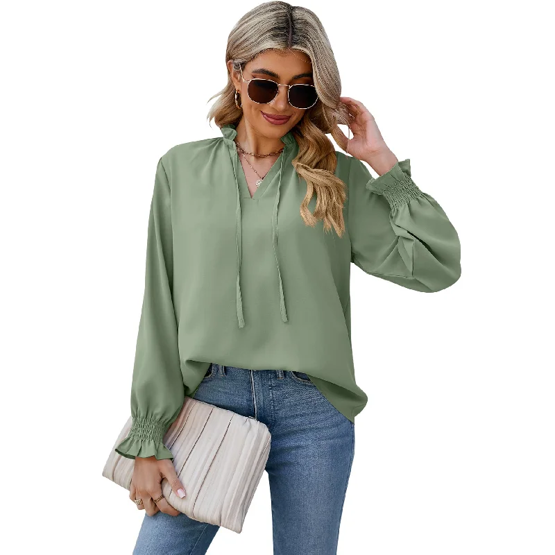 Loose Soft Long Sleeve V-Neck Tie Chiffon Shirt Wholesale Womens Tops Streetwear Style for 