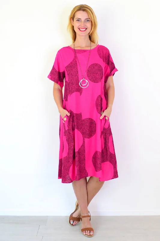 Hot Pink Black Circle Cotton Linen Tunic Dress Preppy Women's College