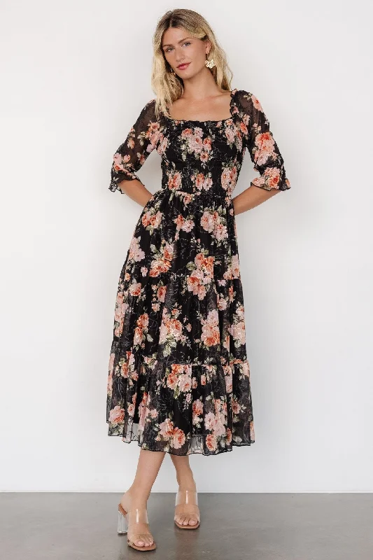 Fabian Jacquard Midi Dress | Peach + Black Floral Earthy Women's 