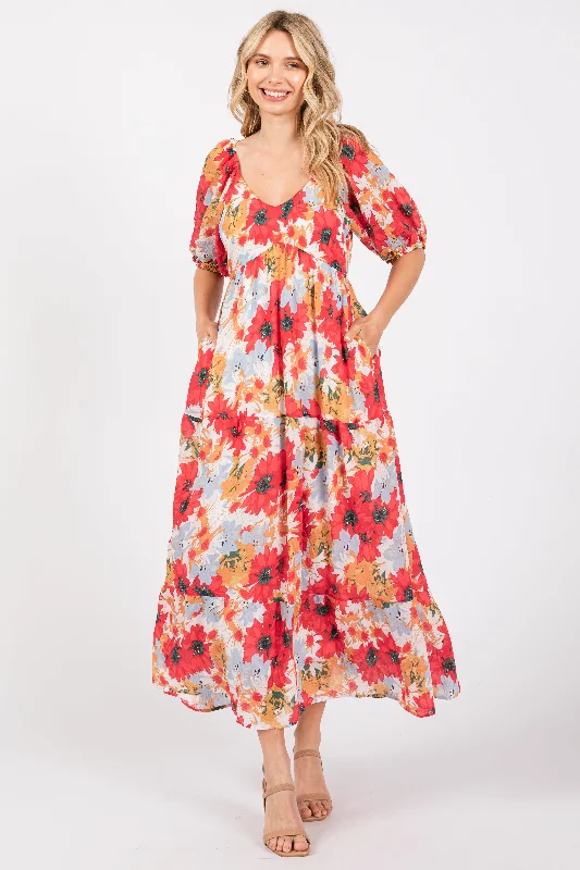 Red Floral V-Neck Short Puff Sleeve Tiered Midi Dress Earthy Women's 