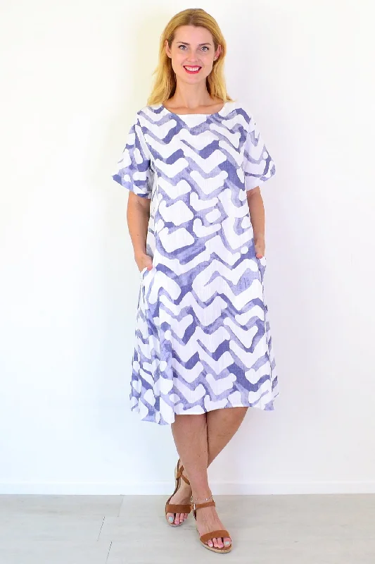 Blue Watercolour Cotton Linen Tunic Dress Modern Women's Tech
