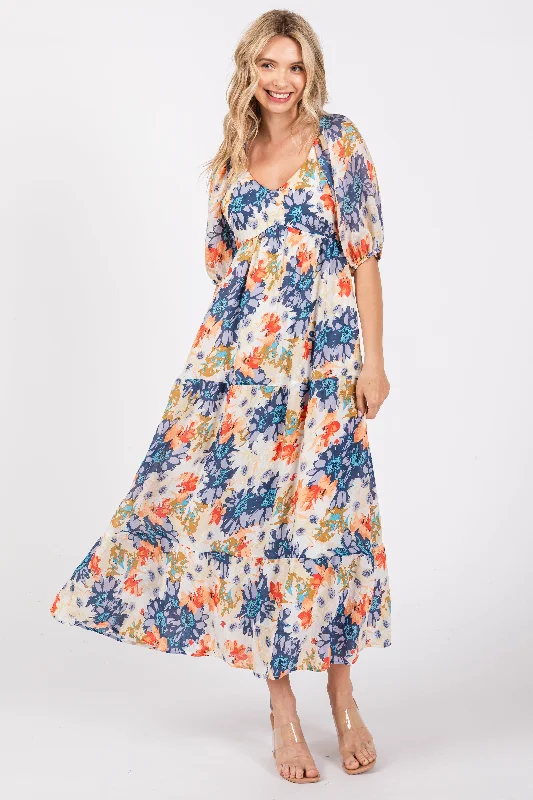 Navy Blue V-Neck Short Puff Sleeve Tiered Midi Dress Youthful Women's Anime - inspired