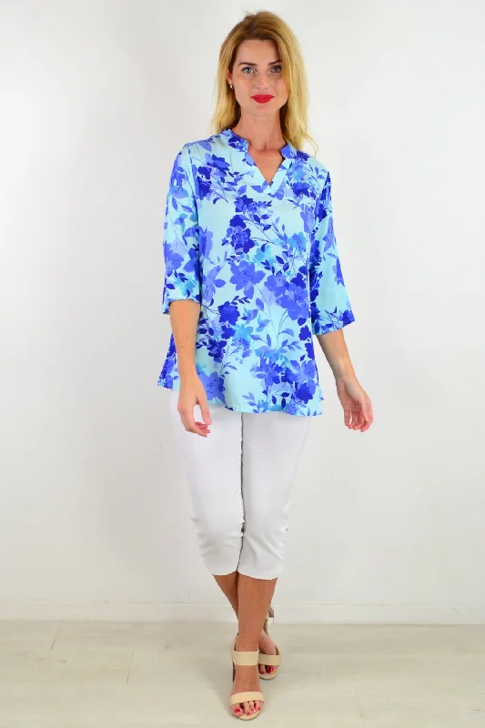 Blue Pop Of Colour Floral Tunic Top Bold Women's Animal Print