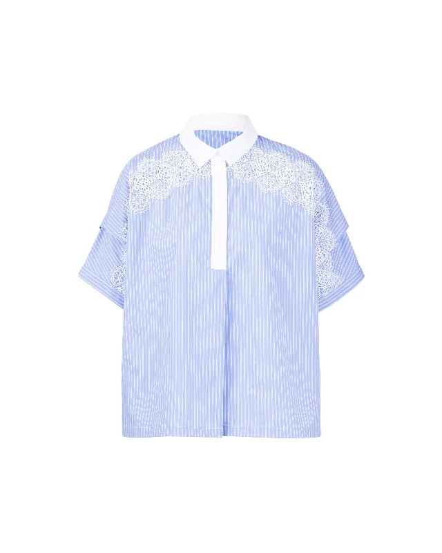 Lace Trim Shoulder Poplin Blouse Dapper Women's Bow - adorned