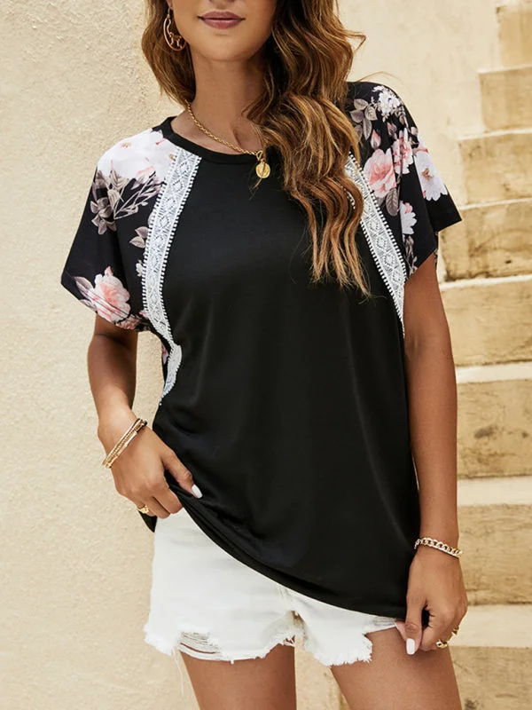 Women's Flutter Sleeve Floral Print Contrast Panel T-shirt Casual Women's Loose - fitting