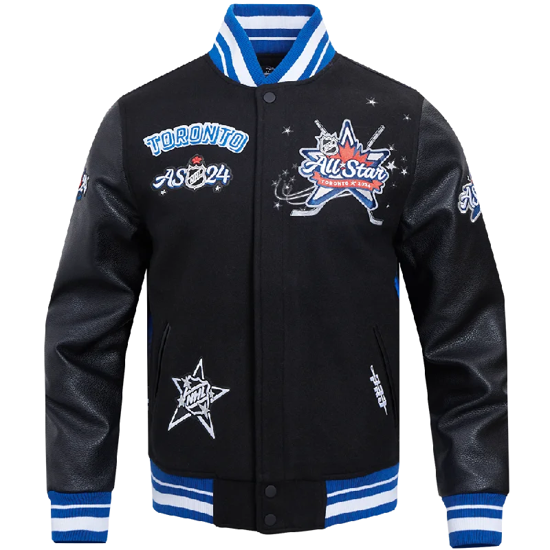 NHL ALL TEAMS NHL ALL STAR 2024 RIB WOOL MEN'S VARSITY JACKET (BLACK/DODGER BLUE) Hip Women's Retro