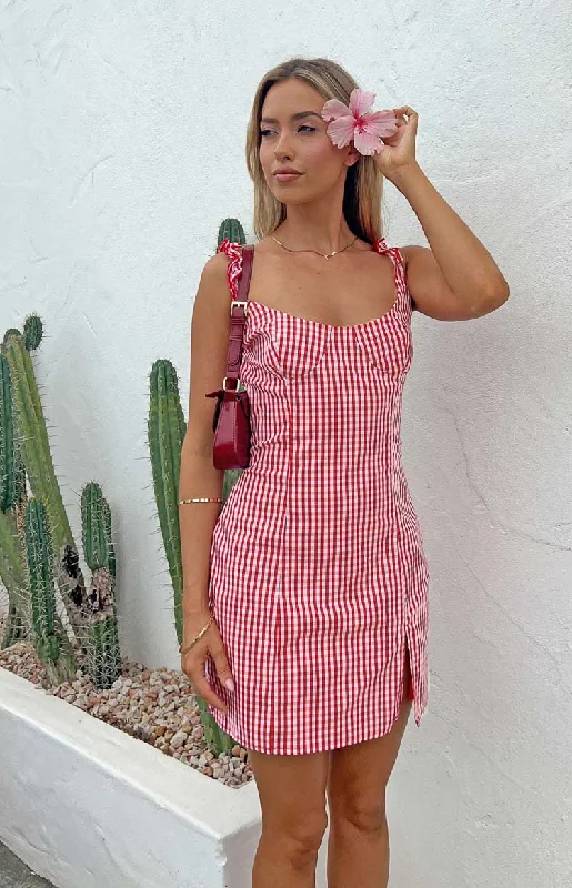 Rihanna Red Check Mini Dress Dapper Women's Bow - adorned