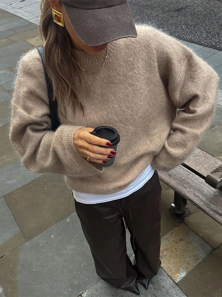 Elegant Solid Mohair Soft Knitted Pullover Women Casual O-neck Long Sleeve Loose Sweater Elegant Women's Formal Elegant Solid Mohair Soft Knitted Pullover Women Casual O-neck Long Sleeve Loose Sweater Elegant Women's Formal