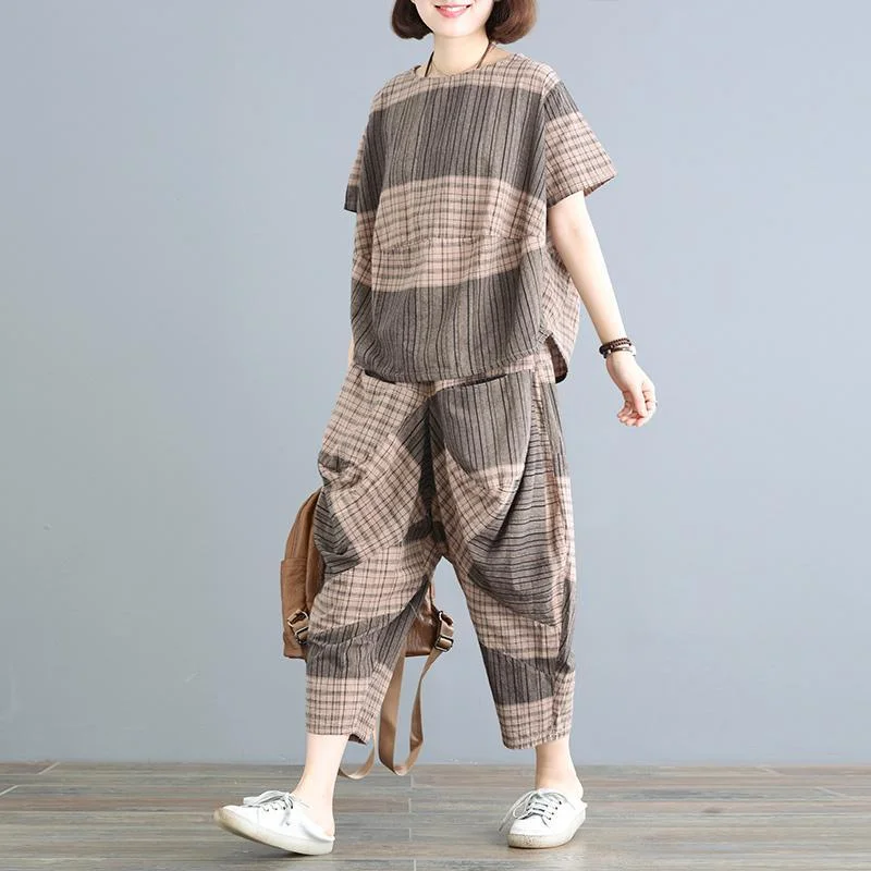 Babakud Plaid Color Block T-Shirt Pants Two Pieces Sets Relaxed Women's Beachy