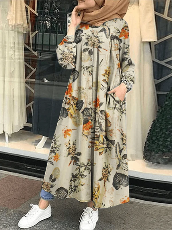 Floral Leaf Printed Button down Front Kaftan Tunic Maxi Dress with Side Pockets Refined Women's Classic 