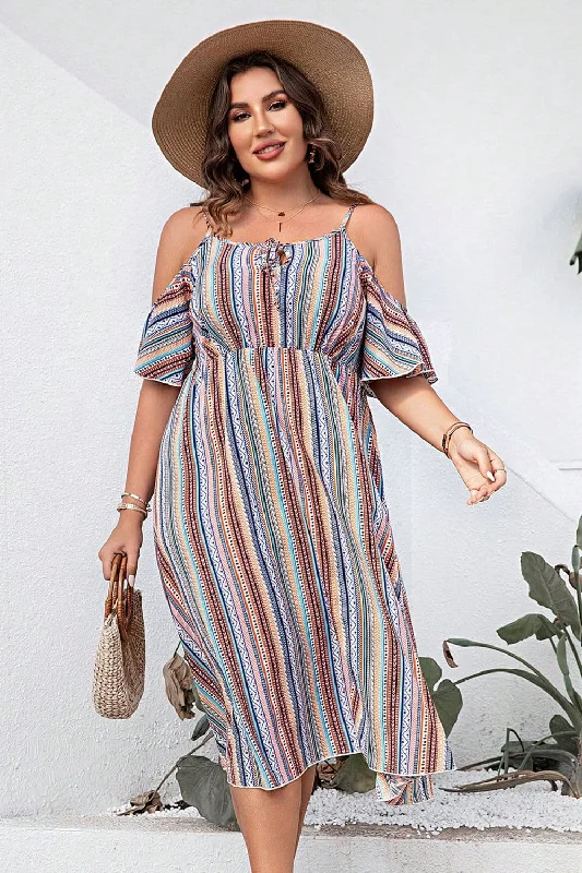Plus Size Striped Cold-Shoulder Dress French