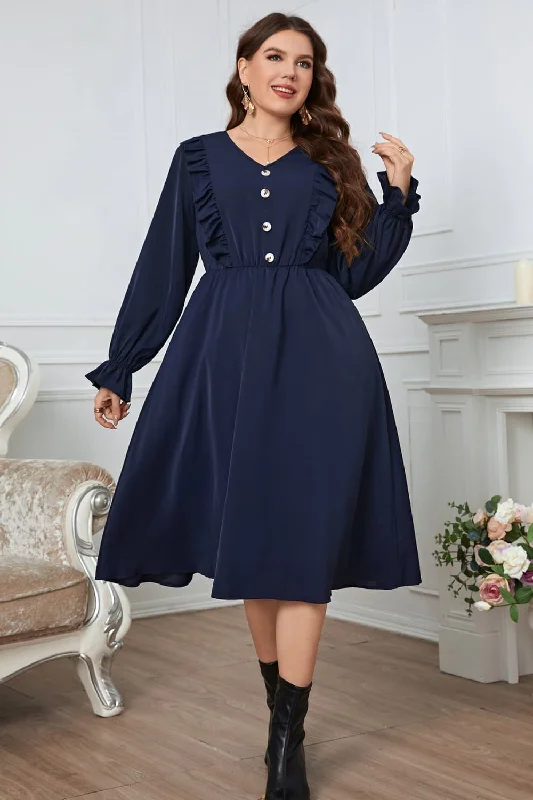Plus Size V-Neck Buttoned Flounce Sleeve Dress Scandinavian
