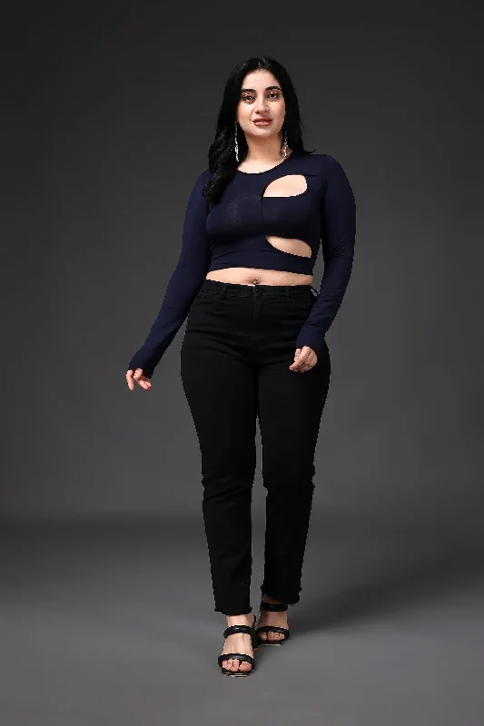 Navy Blue Solid Front Cut Crop Top Scandinavian
