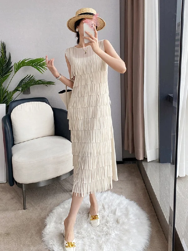 Spliced Tassel O-Neck Sleeveless Midi Dress Modern Women's 