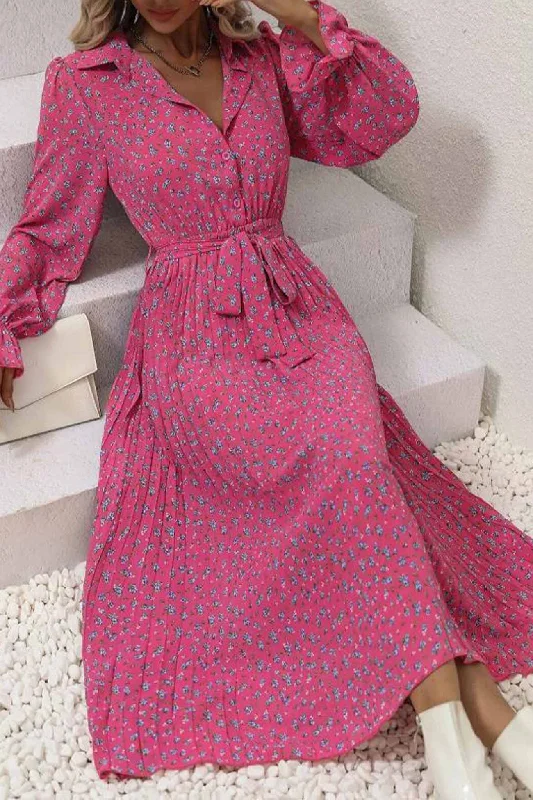 Floral Tie Wasit Long Sleeve Pleated Midi Dress Modern Women's 