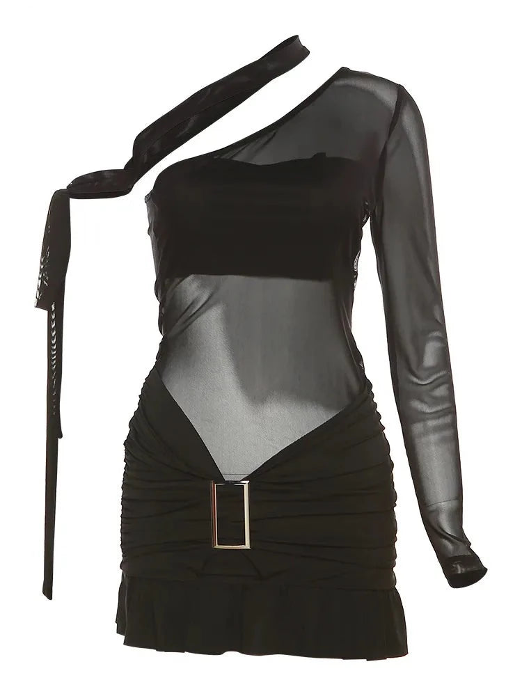 A&A Mesh Chic Buckle Ruffles Mini Dress Sporty Women's Athleisure 