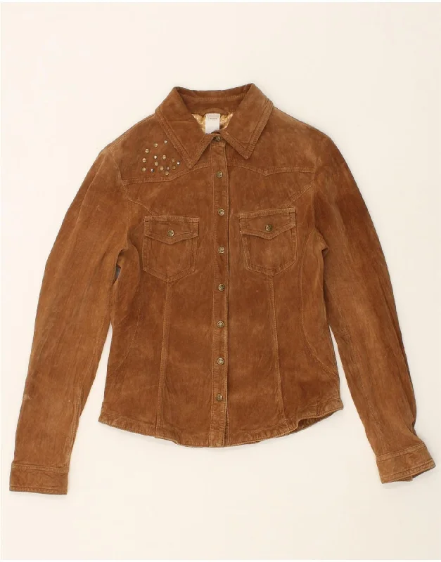MILESTONE Womens Graphic Leather Jacket IT 38 XS Brown Leather Dynamic Women's Moto