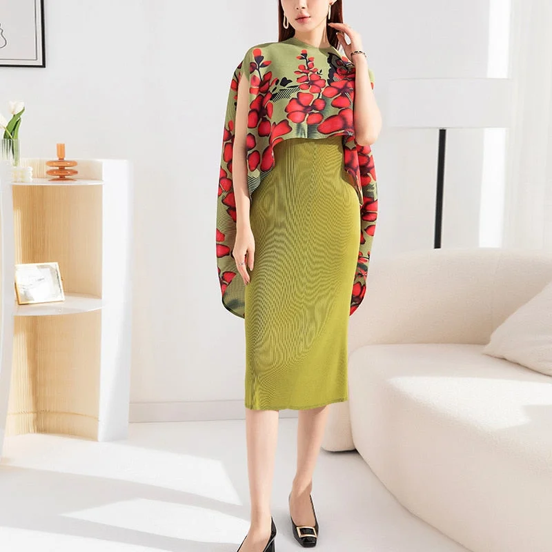 Miyake Pleated O-Neck Sleeveless Midi Dress and Printed Hi-Low Jacket Set Minimalist Women's Casual