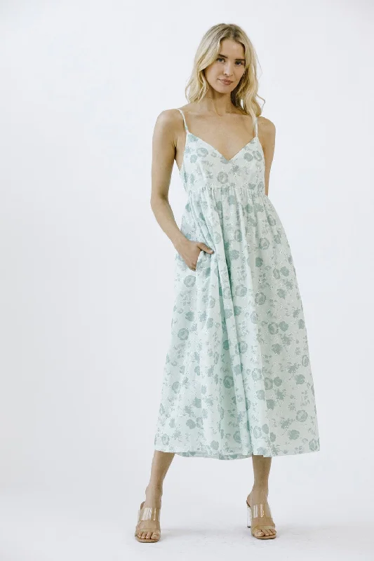 Mint Green Floral Eyelet V-Neck Midi Dress Preppy Women's College