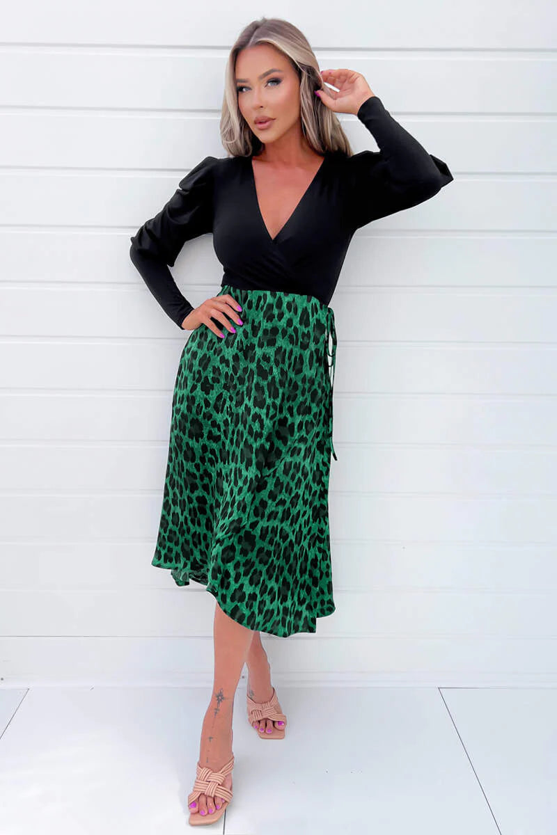 AX Paris Green And Black Animal Print 2 In 1 Midi Dress Sophisticated Women's Tailored