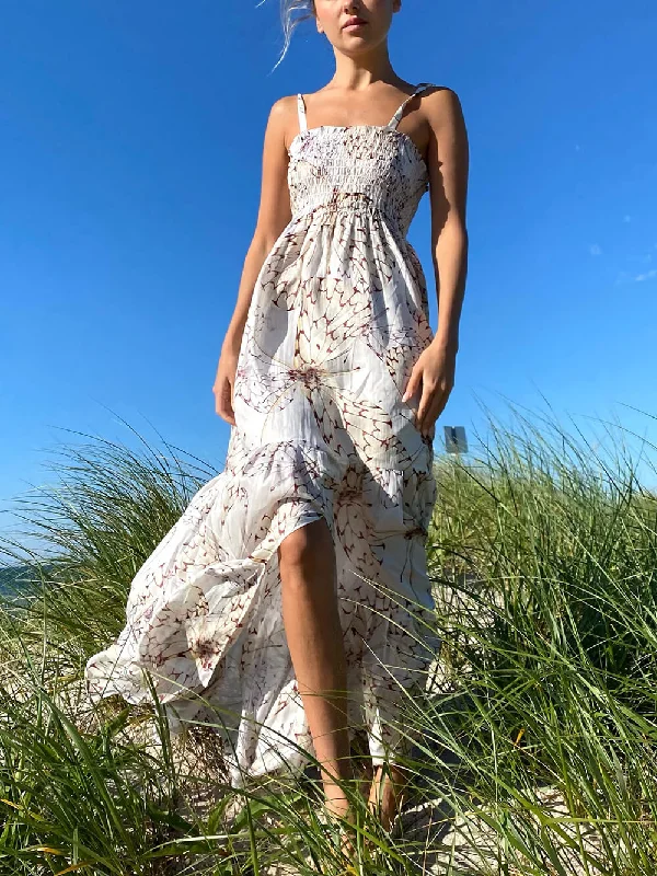 Elegant Vacation Print Charming Pleated Tiered Dress Scandinavian