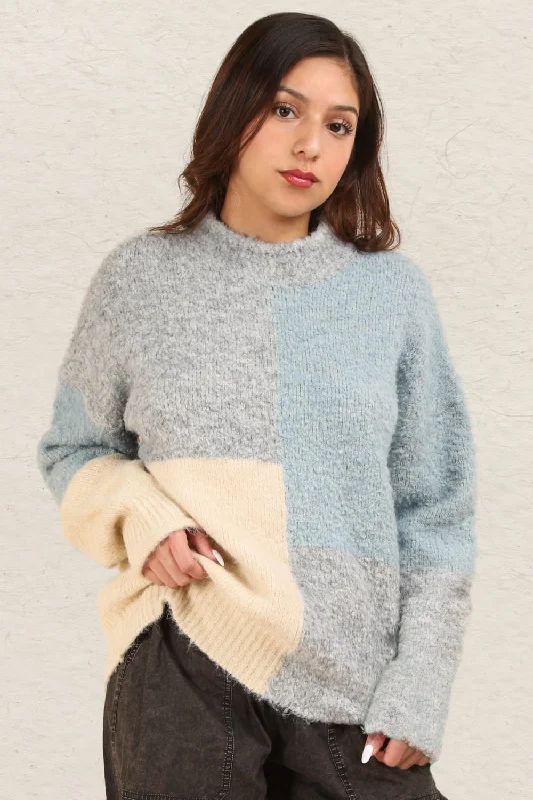 Color Block Mock Neck Drop Shoulder Sweater Edgy Women's Punk