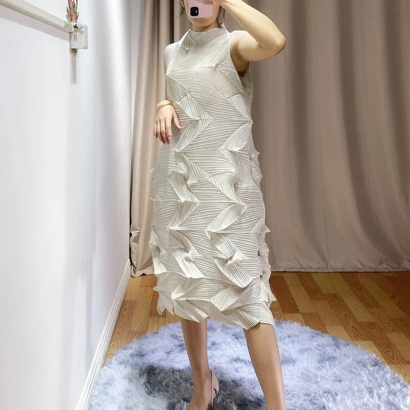 Miyake Pleated Stand Collar Sleeveless Midi Dress Feminine Women's Soft 