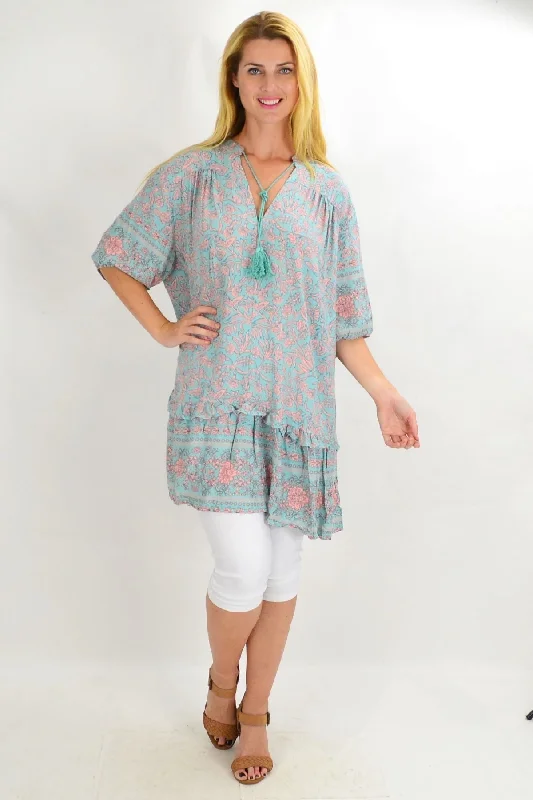 Aqua Bell Ruffle Tunic Top Modern Women's 