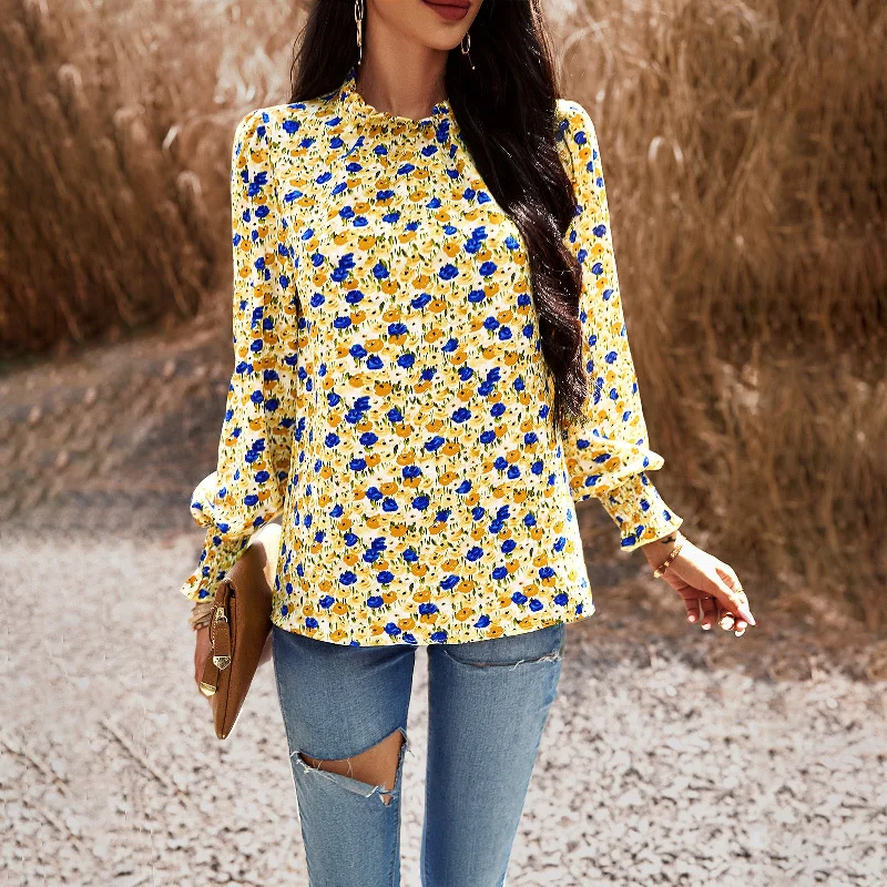Half High Neck Lantern Sleeve Floral Print Top Wholesale Womens Tops Classic Women's Pin - striped