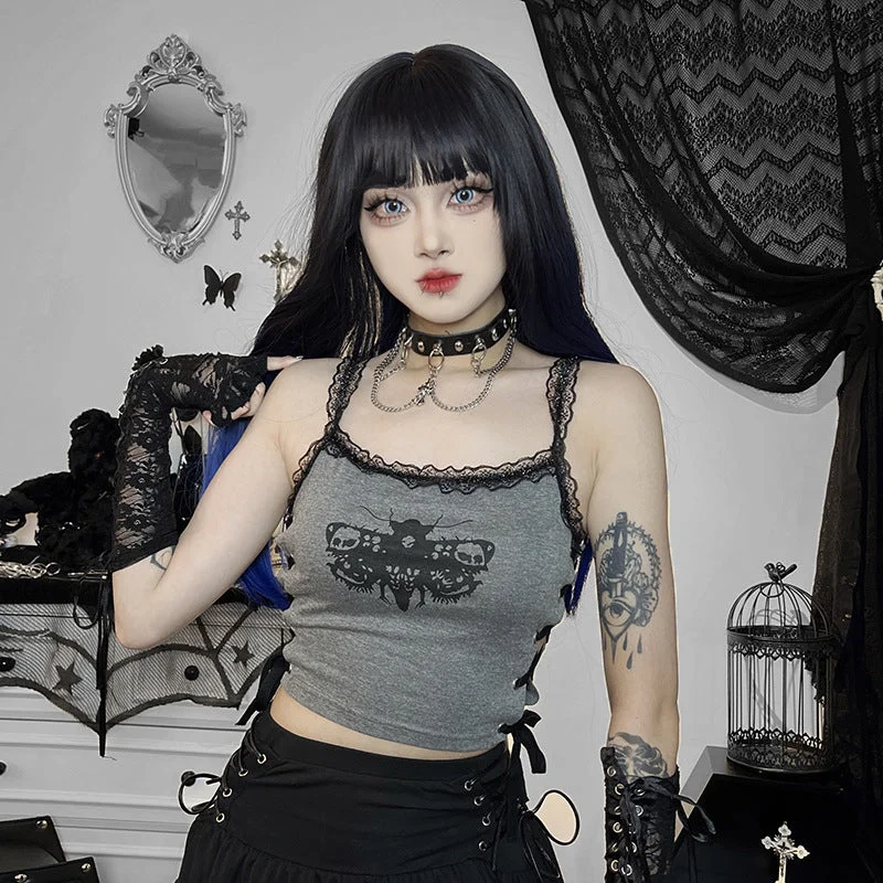 Black Gothic Punk Sexy Slim Strappy Print Camisole Top Wholesale Womens Tops Dapper Women's Bow - adorned