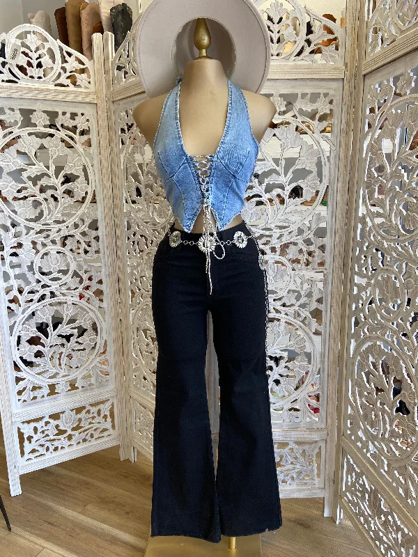 Denim Rhinestone Tie Up Top Relaxed Women's Beachy