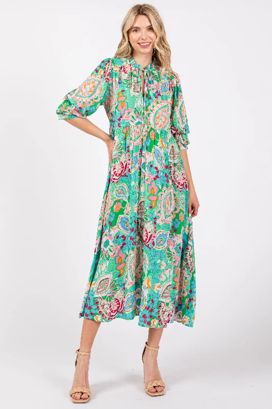 Emerald Paisley Print Tiered A-Line Midi Dress Dapper Women's Bow - adorned