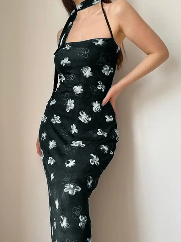 Back Slit Velvet Halter Maxi Dress Youthful Women's Pop