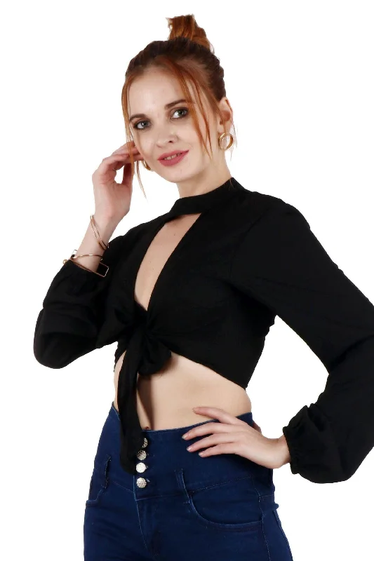 Black Solid Front Knot Tie Top Rugged Women's Outdoor 