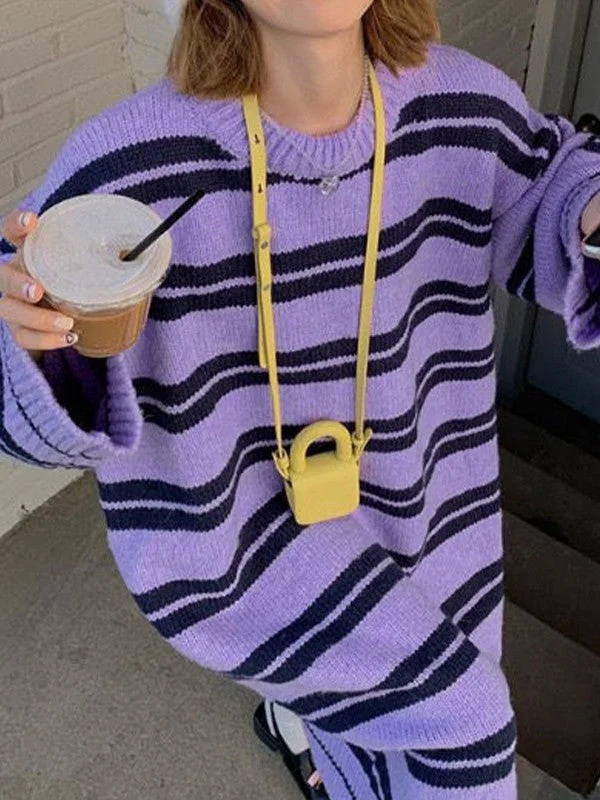 Long Sleeve Striped Pullover Sweater Maxi Dress Luxurious Women's High -  end