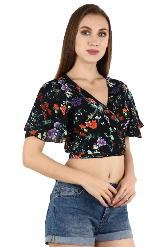 Black Floral Printed Wrap Around Top Laid - back Women's Style