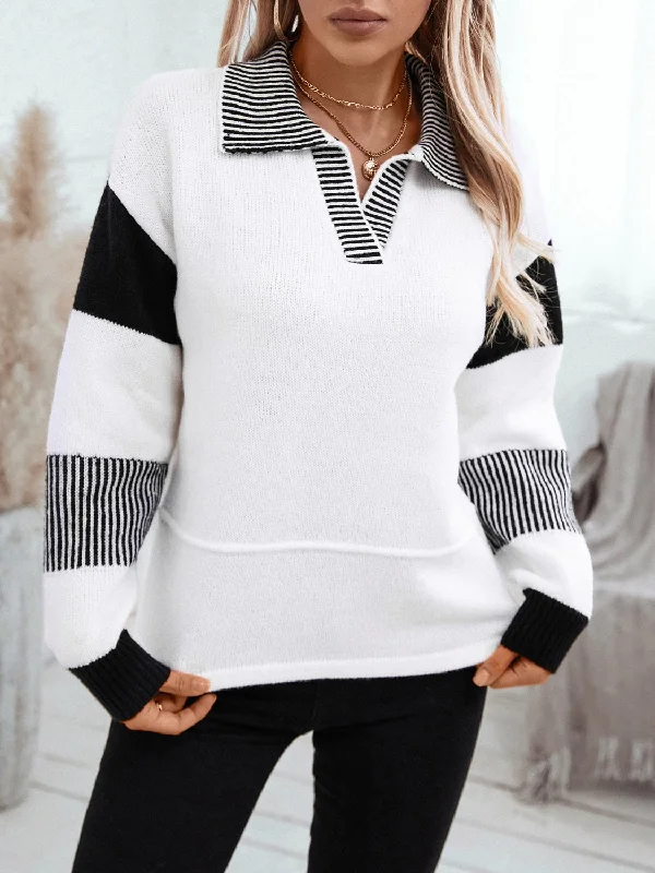 Striped Johnny Collar Drop Shoulder Sweater Modern Women's Tech