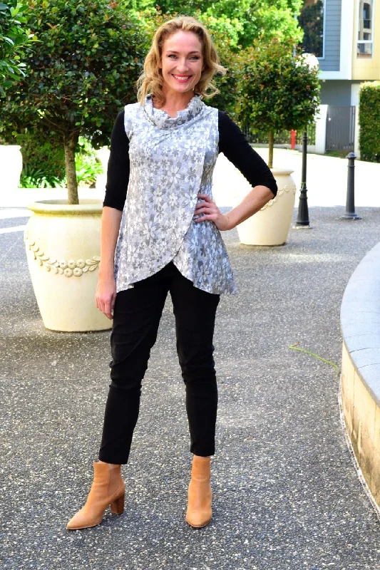 Silver Flower Cowl Neck Tunic Top Confident Women's High - fashion