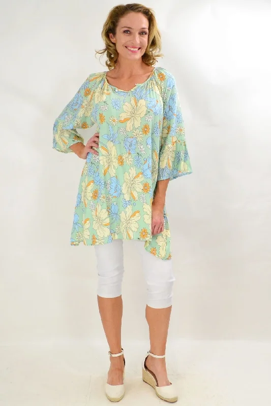 Bold Yellow Flower Pearl Button Tunic Top British Gentlewoman Style