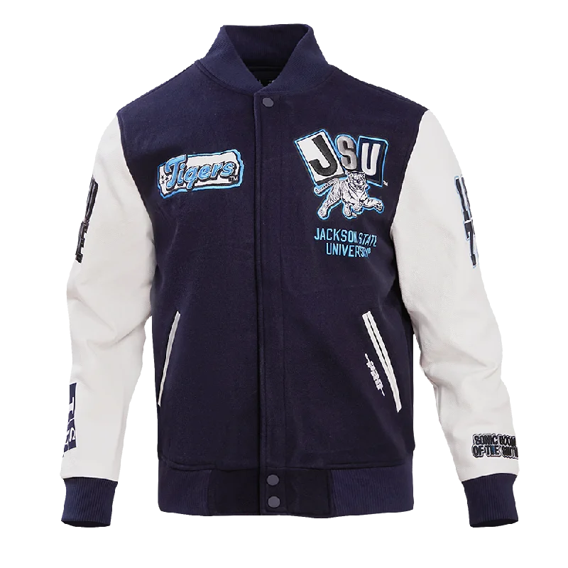 NCAA JACKSON STATE UNIVERSITY HOMECOMING WOOL MEN'S VARSITY JACKET (MIDNIGHT NAVY/WHITE) Geometric NCAA JACKSON STATE UNIVERSITY HOMECOMING WOOL MEN'S VARSITY JACKET (MIDNIGHT NAVY/WHITE) Geometric